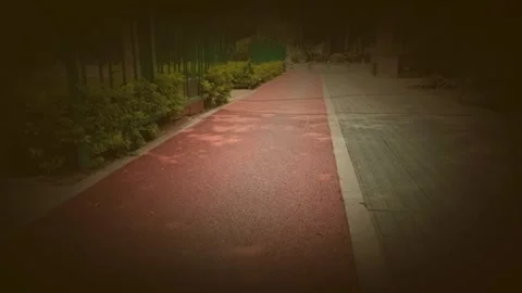 Cinematic Slow Motion Tracking Of Red Running Track And Stone Park Path Stock Footage 331492678
