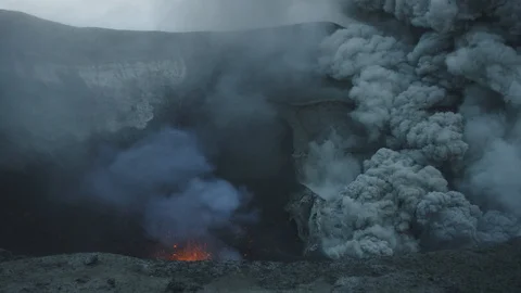 Cinematic Slow Motion of Vulcanic Eruption, View From Top of Crater. Lava Stock Footage 113249436