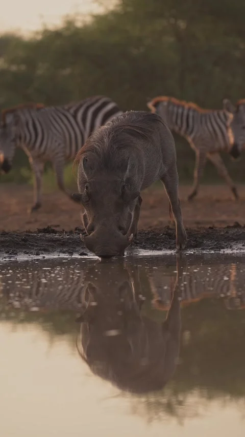 Cinematic Slow Motion Warthog Drinking Water at Waterhole in Africa, Safari 動画素材 345930995