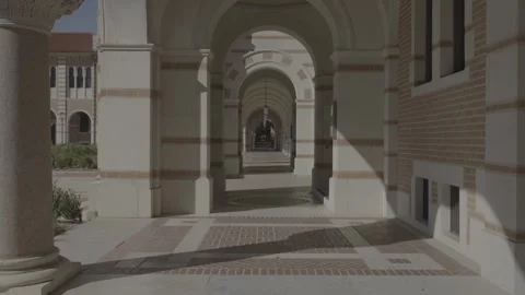 Cinematic slow wide push-in down historical building hallway Stock Footage 328257255