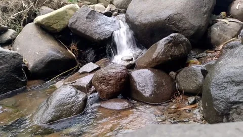 Cinematic Small Waterfall Flowing Over Wet Rocks in Forest Stream 4K Stock Footage 341836430