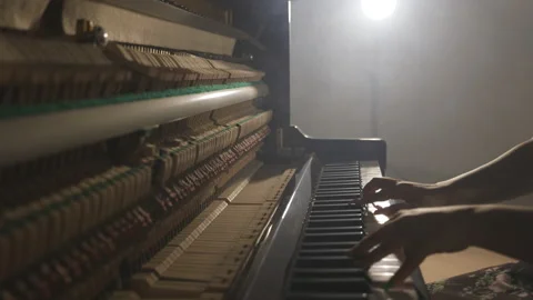 Cinematic Studio Shot of Open Upright Piano, Woman Pianist Hands Playing Stock-Footage 206009393