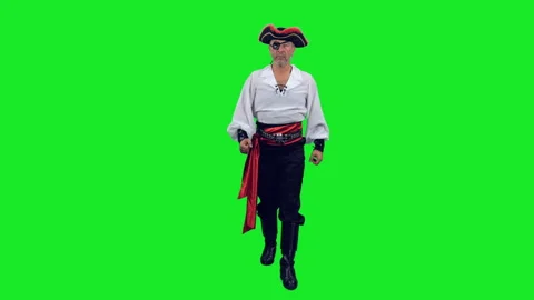 Cinematic style of pirate with an eye patch walking on green background Stock Footage 304294423