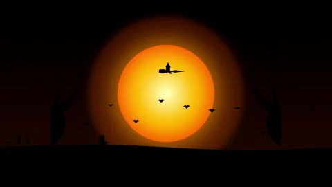 Cinematic sunset animation with flying bats and glowing sun 4K Stock Footage 345548857