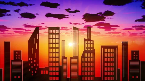 Cinematic Sunset City Skyline with Dramatic Clouds and Glowing Sun Animation Stock Footage 340042748