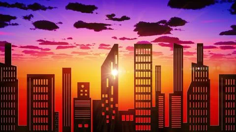 Cinematic Sunset City Skyline with Dramatic Clouds and Glowing Sun Animation Stock Illustration