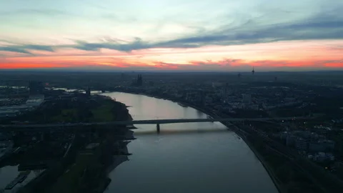 Cinematic Sunset over Cologne Skyline and Rhine River - 4K Drone Aerial 動画素材 326468798
