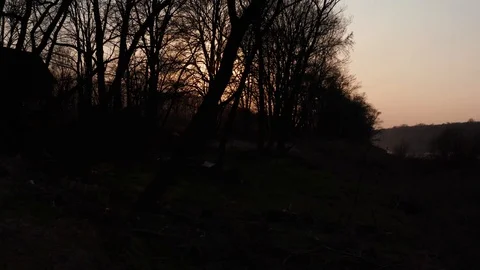 Cinematic sunset over river with behind trees drone fly. Stock Footage 127537024