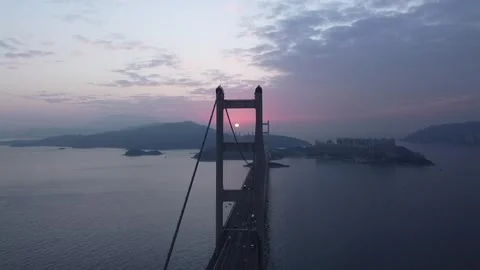 Cinematic Sunset, Tsing Ma Bridge, Hong Kong - Aerial Footage Stock Footage 247833445