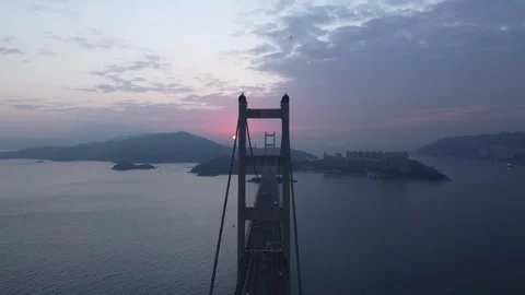 Cinematic Sunset, Tsing Ma Bridge, Hong Kong - Aerial Footage Stock Footage 247833451