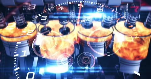Cinematic Tachometer to V8 Engine, Reveals Steering Button Shot. Stock Footage 318973383