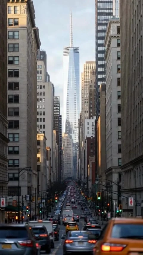 Cinematic time lapse of one world trade center amidst city traffic, urban l.. Stock Footage 320810837