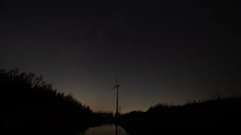 Cinematic timelapse of rotating starry sky over wind turbine, water reflection Stock Footage 345102196