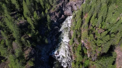 Cinematic top down shot of the wild kettle river and Cascade Falls in british Stockbeeldmateriaal 339074030