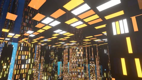 Cinematic tracking flyby of glowing structural pyramid in futuristic urban, 4K Stock-Footage 336840694