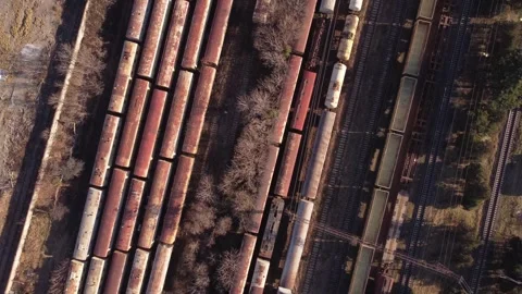 Cinematic train yard view in Tbilisi, Georgia. Industrial logistics. Vidéo 297488483