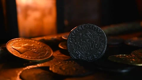 Cinematic Treasure Coins close up Stock Footage 332441728