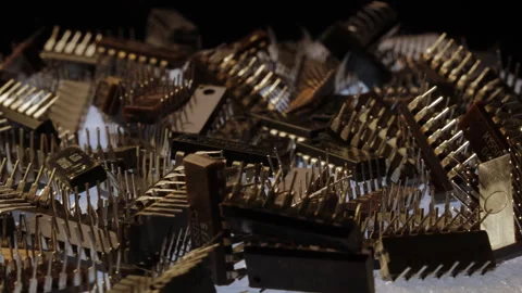 Cinematic TTL Microchips - Side View Rotating Pile - Bokeh - Cold/Warm Lighting Stock Footage 331067323