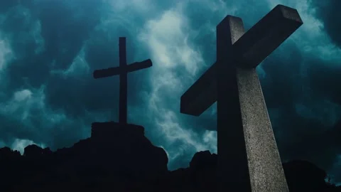 Cinematic two crosses with thunderstorm background Stock Footage 166595825