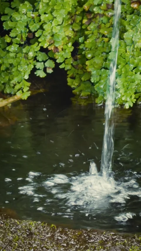 Cinematic vertical close-up of pure water pouring into a stream Vidéo 345699327