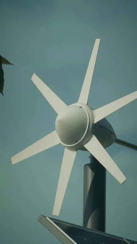 Cinematic vertical close up shot of a small wind turbine and solar panel Vidéo 345458718