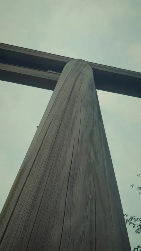 Cinematic vertical low angle view of a giant unpainted traditional Japanese wood Vidéo 345707353