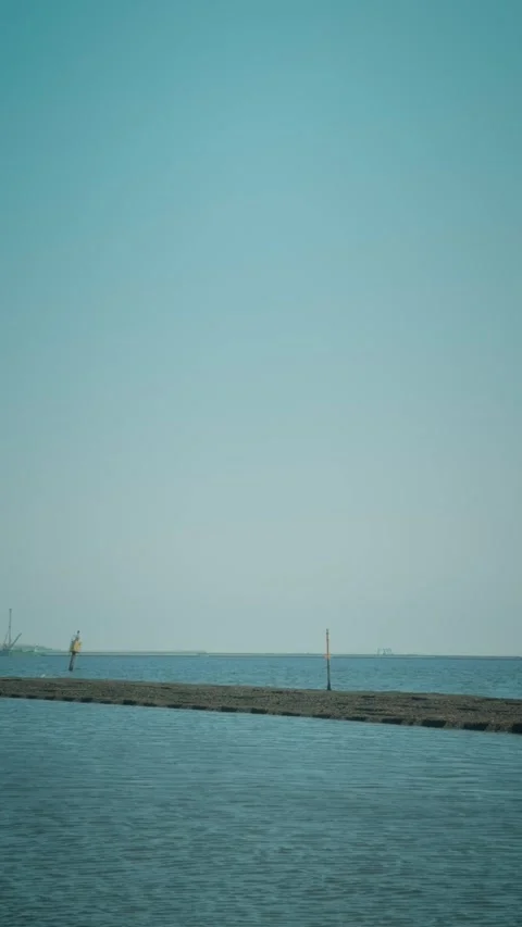 Cinematic vertical minimal shot of a tranquil calm sea with a long breakwater Vidéo 345457805