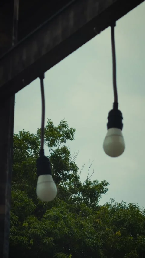 Cinematic vertical panning view of rustic hanging light bulbs under wooden beam Stock Footage 345707233