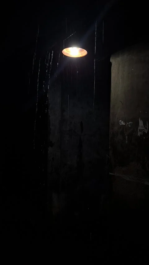 Cinematic Vertical Rain Falling Under Street Light at Night with Moody Dark Vídeo Stock 332244285