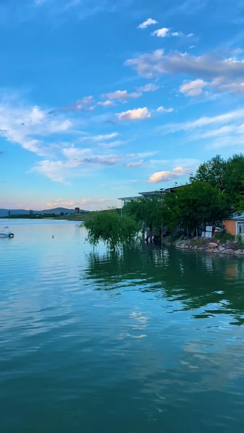 Cinematic Vertical Sunset Pan from Riverside Town to Wildflowers and Mountains Stock Footage 342635752