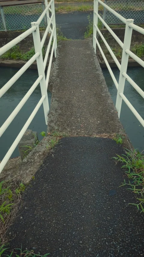 Cinematic vertical view of narrow old concrete pedestrian bridge rail Stock Footage 345699953