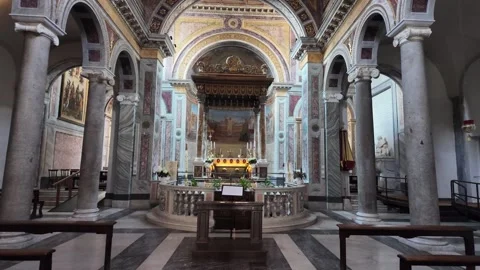Cinematic View Of The Central Nave In The Basilica Di San Nicola In Carcere Stock Footage 337413509