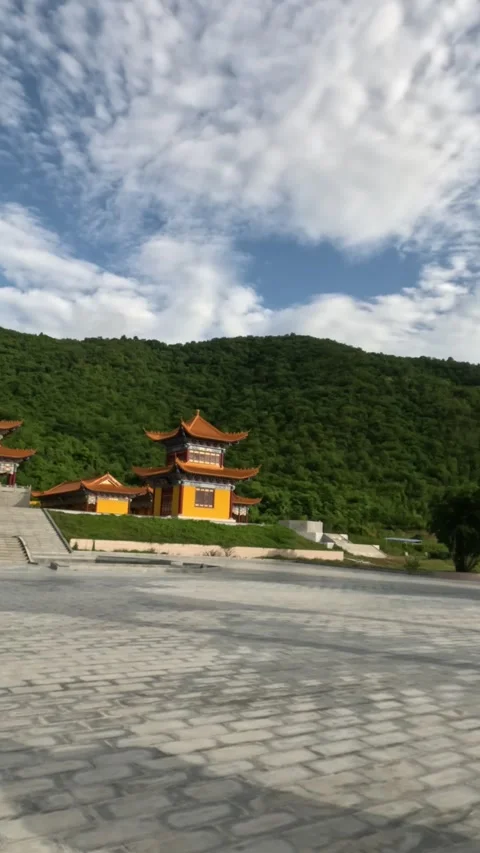 Cinematic View of Chinese Temple Complex and Pagodas in Phnom Sruoch Stock Footage 342139744