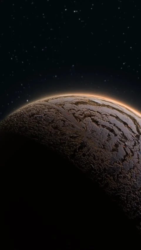 Cinematic view of a dark cratered planet in deep space, with glowing rim li.. Vídeo Stock 334750920