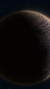 Cinematic view of a dark cratered planet in deep space, with glowing rim li.. Stock Illustration