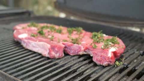 Cinematic view of delicious beef steak on barbecue barbecue. Assorted delicious Stock Footage 154304287