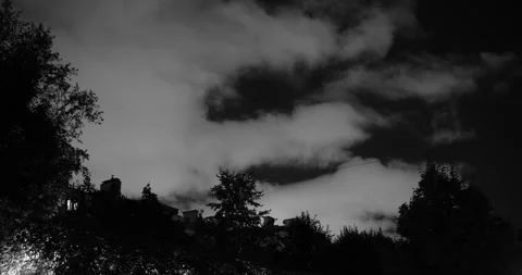 Cinematic view of dramatic storm clouds above silhouetted rooftops and trees Stock Footage 344698373