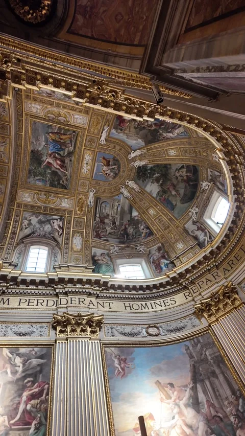 Cinematic View Of The Ornate Baroque Ceiling And Dome In Sant'Andrea Della Valle Stock Footage 338010025