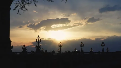Cinematic view of the Pont Alexandre III bridge shadows and silhouette during Stock Footage 321930159