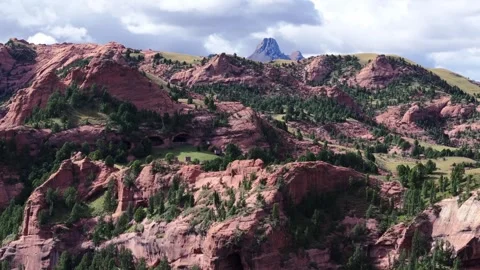 Cinematic View of Red Rock Cliffs in Western Sichuan Mountain Landscape Stock Footage 333670150