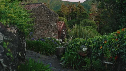 Cinematic View of a Rustic Stone Cottage and Cobblestone Path Surrounded by Lush 스톡 동영상 335008824