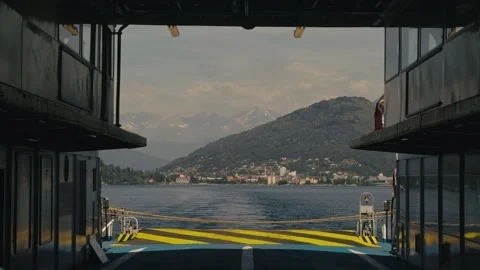 Cinematic View Through Ferry Walls Revealing Italian Lakeside Village and 库存影片 341921996