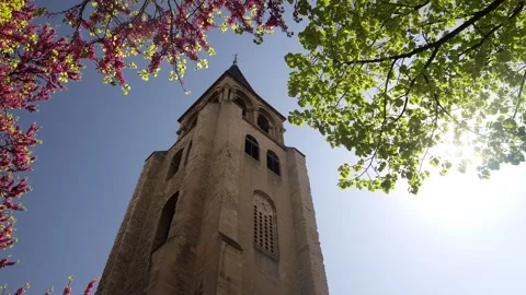 Cinematic view of the tower of a Abbey in Paris Stock Footage 312915056