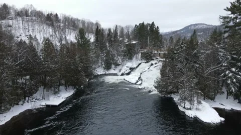 Cinematic view of winter waterfall in Canada Stock Footage 146755300