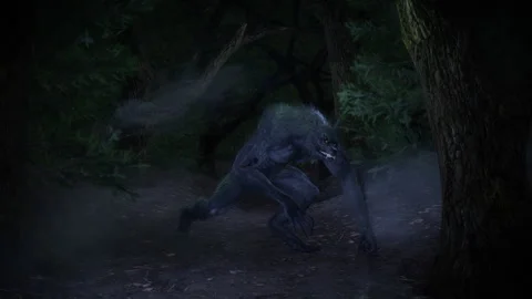 Cinematic Werewolf Prowling Through Dark Foggy Forest Snaps His Jaws Vídeo Stock 342625799