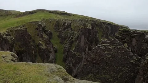 Cinematic wide angle shot of the ancient green canyon in South Iceland Stock Footage 334305969