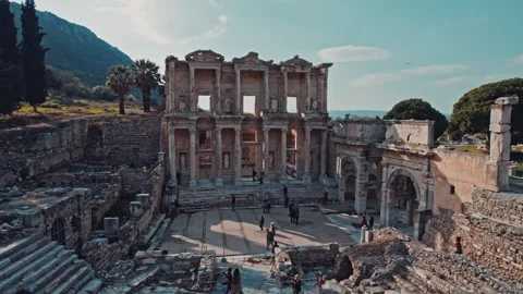 Cinematic Wide View of the Library of Celsus in Ephesus Ancient City Stock Footage 332065833