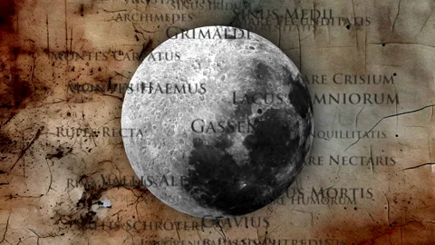Cinematic Widescreen Vintage Moon Map Animation on Textured Parchment Stock Footage 336235635