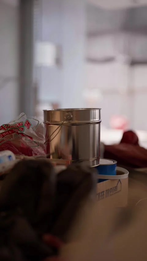 Cinematic Workshop Still Life with Paint Bucket in Soft Daylight Stock Footage 320246016