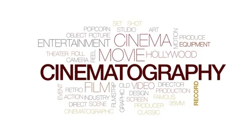 Cinematography animated word cloud, text design animation. Kinetic typography. Stock Footage 79284076